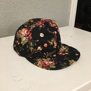 Black floral flat brim hat